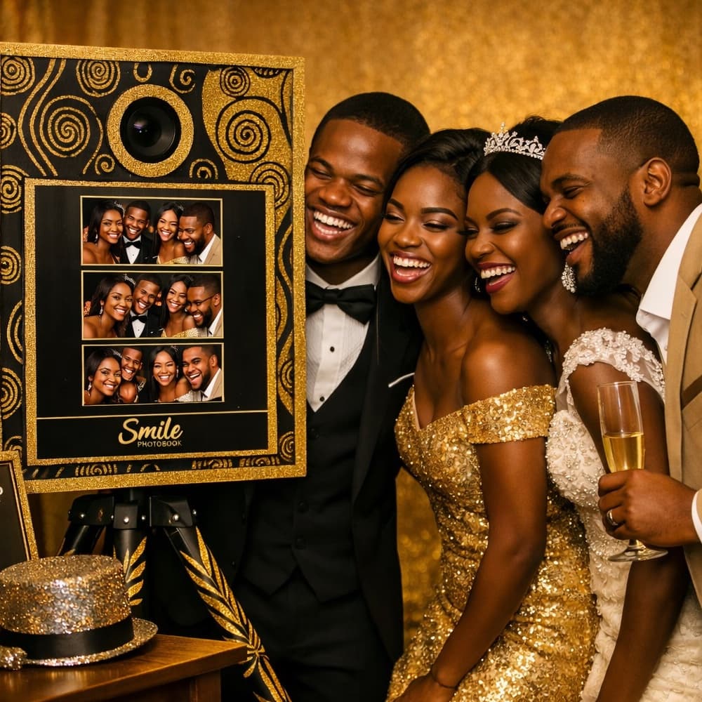 Groupe de mariés découvrant leurs photos — mariage